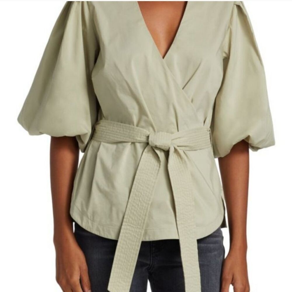 Jonathan Simkhai Waverly Cotton Poplin Wrap Blouse Thyme Green Small